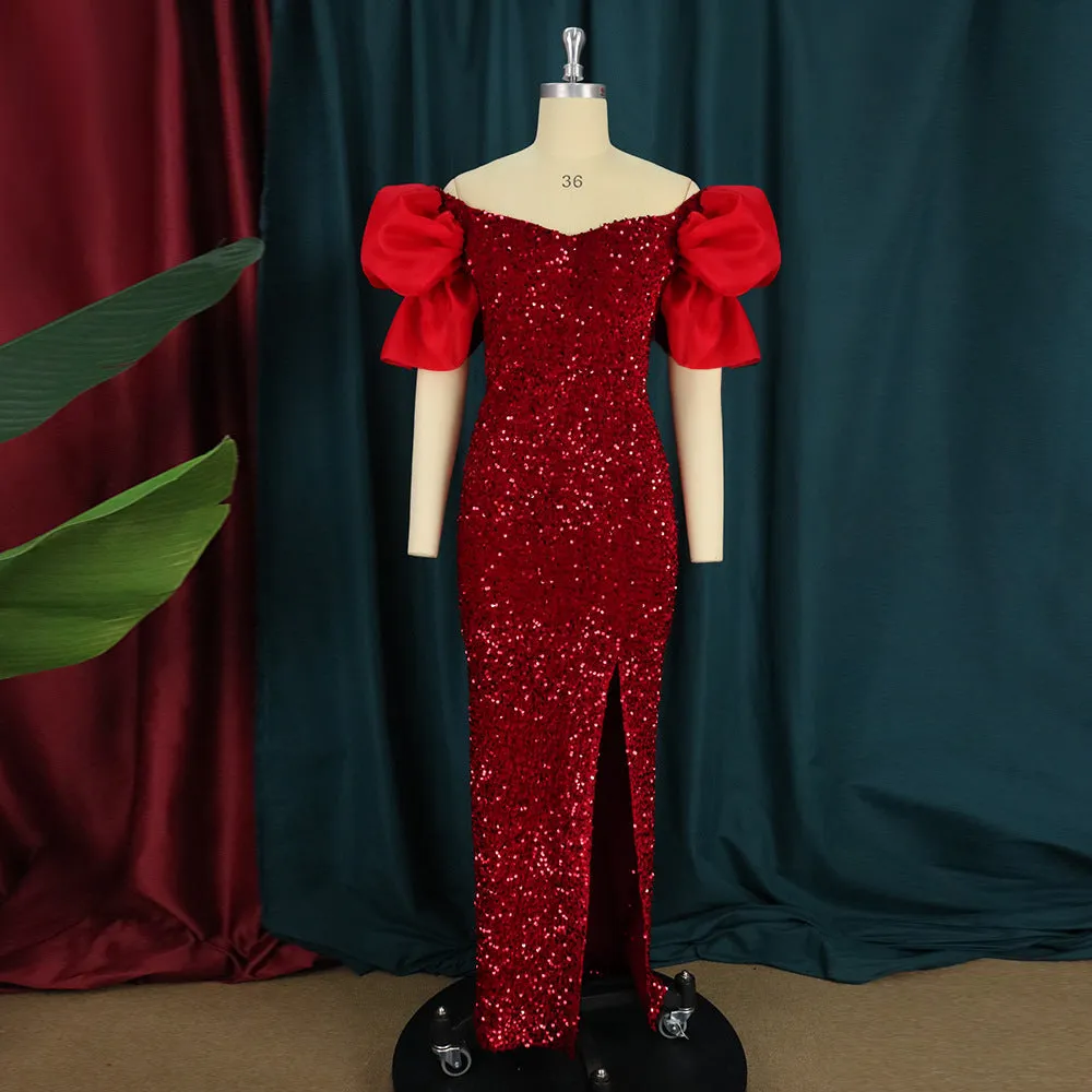 JazzHer Ruffled V-neck Sequined Long Dress Ladies Banquet Evening Dress Dress Women's Party Dresses