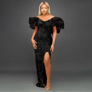 JazzHer Ruffled V-neck Sequined Long Dress Ladies Banquet Evening Dress Dress Women's Party Dresses