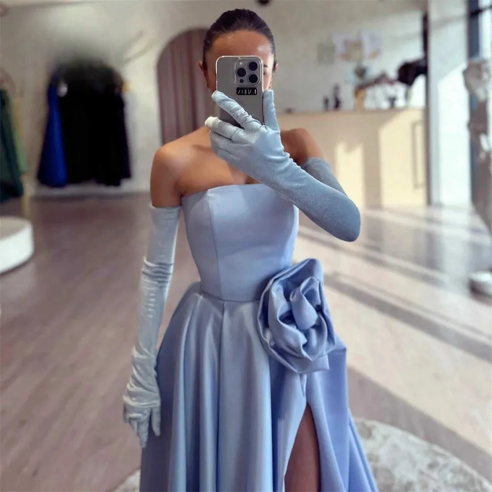 JazzHer Satin Ball Gown Floral robes de soirée Strapless Side High Split Floor-Length Evening Dresses Graduation Wedding Dress-(PRE-ORDER)