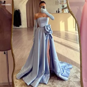 JazzHer Satin Ball Gown Floral robes de soirée Strapless Side High Split Floor-Length Evening Dresses Graduation Wedding Dress-(PRE-ORDER)