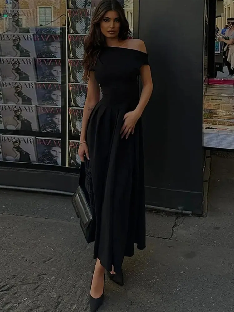JazzHer Solid Skew Collar Women Maxi Dress Ruffles Elegant Short Sleeve Front Split Lady Dresses 2025 New Chic Spring Summer Lady Robe