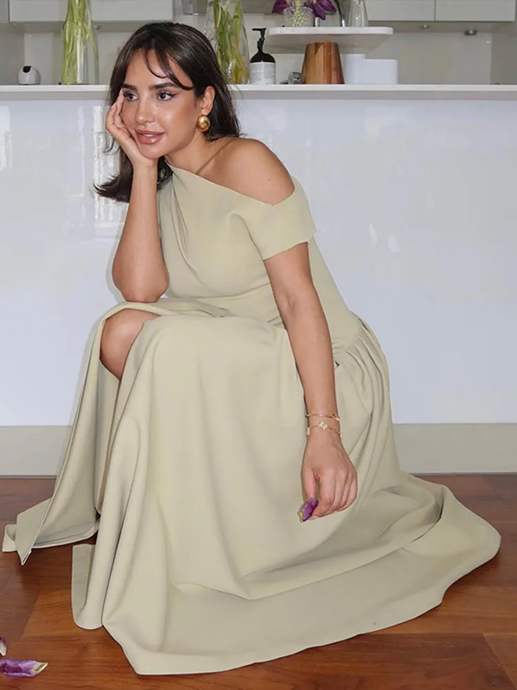 JazzHer Solid Skew Collar Women Maxi Dress Ruffles Elegant Short Sleeve Front Split Lady Dresses 2025 New Chic Spring Summer Lady Robe