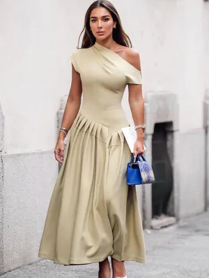 JazzHer Solid Skew Collar Women Maxi Dress Ruffles Elegant Short Sleeve Front Split Lady Dresses 2025 New Chic Spring Summer Lady Robe