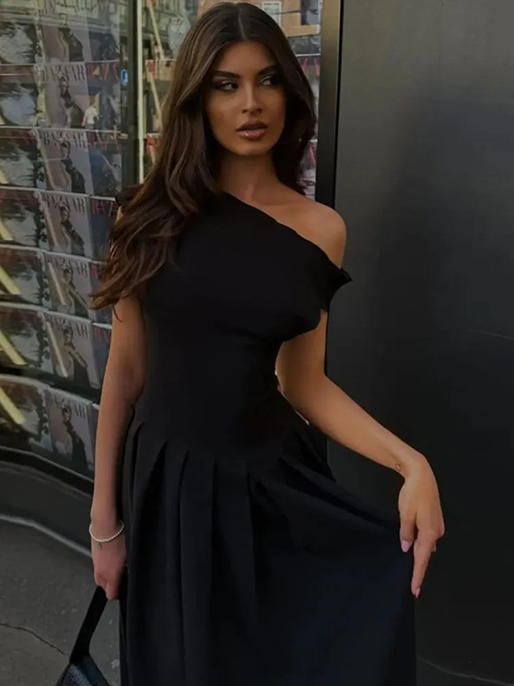 JazzHer Solid Skew Collar Women Maxi Dress Ruffles Elegant Short Sleeve Front Split Lady Dresses 2025 New Chic Spring Summer Lady Robe