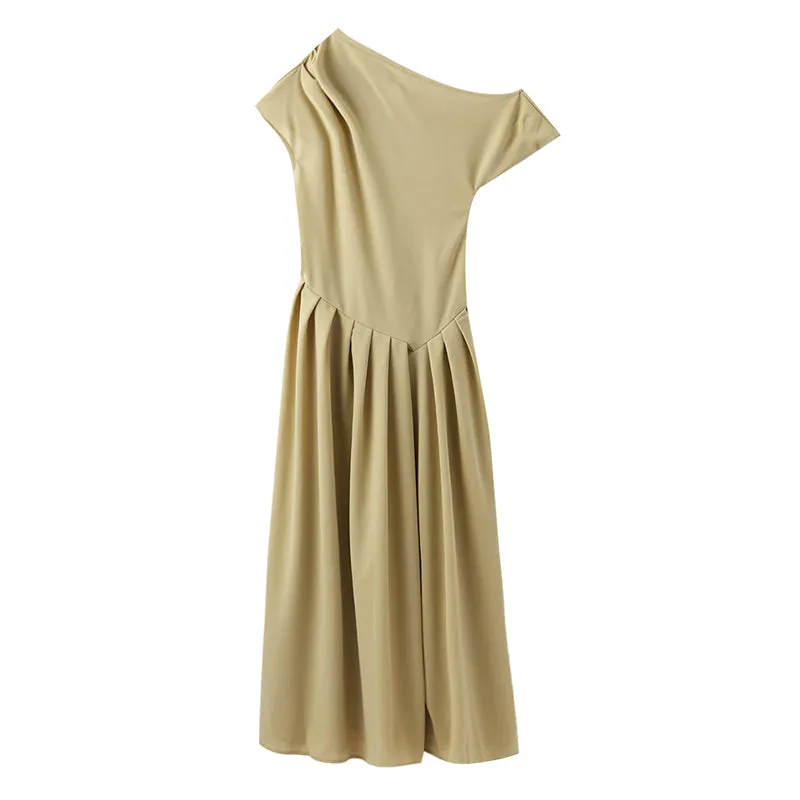 JazzHer Solid Skew Collar Women Maxi Dress Ruffles Elegant Short Sleeve Front Split Lady Dresses 2025 New Chic Spring Summer Lady Robe