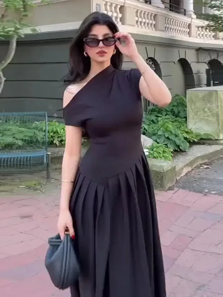 JazzHer Solid Skew Collar Women Maxi Dress Ruffles Elegant Short Sleeve Front Split Lady Dresses 2025 New Chic Spring Summer Lady Robe