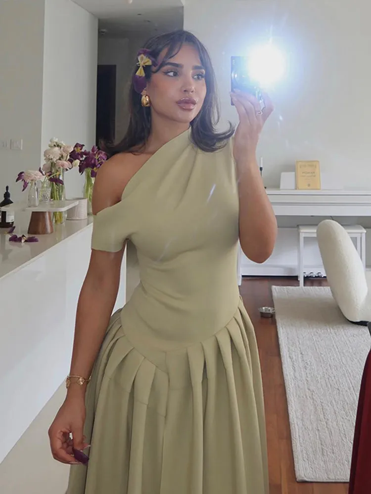 JazzHer Solid Skew Collar Women Maxi Dress Ruffles Elegant Short Sleeve Front Split Lady Dresses 2025 New Chic Spring Summer Lady Robe