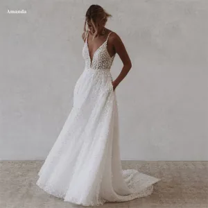 JazzHer White Tulle Prom Gown Spaghetti Strap A-line V-neck Backless Evening Formal Elegant Sleeveless Floor-length Party Dresses-(PRE-ORDER)