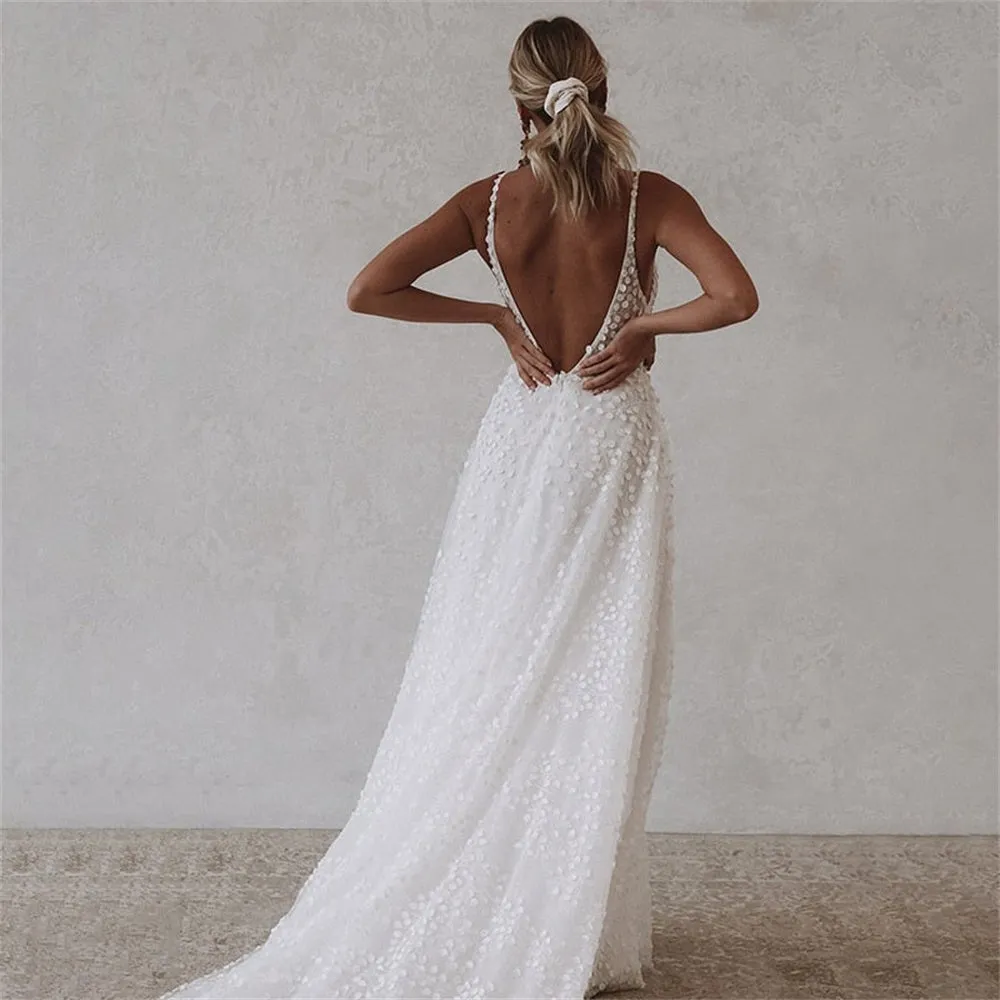 JazzHer White Tulle Prom Gown Spaghetti Strap A-line V-neck Backless Evening Formal Elegant Sleeveless Floor-length Party Dresses-(PRE-ORDER)
