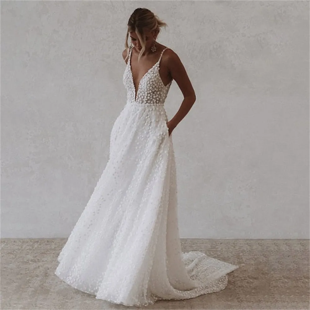 JazzHer White Tulle Prom Gown Spaghetti Strap A-line V-neck Backless Evening Formal Elegant Sleeveless Floor-length Party Dresses-(PRE-ORDER)