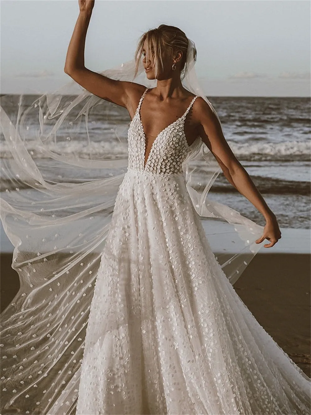 JazzHer White Tulle Prom Gown Spaghetti Strap A-line V-neck Backless Evening Formal Elegant Sleeveless Floor-length Party Dresses-(PRE-ORDER)