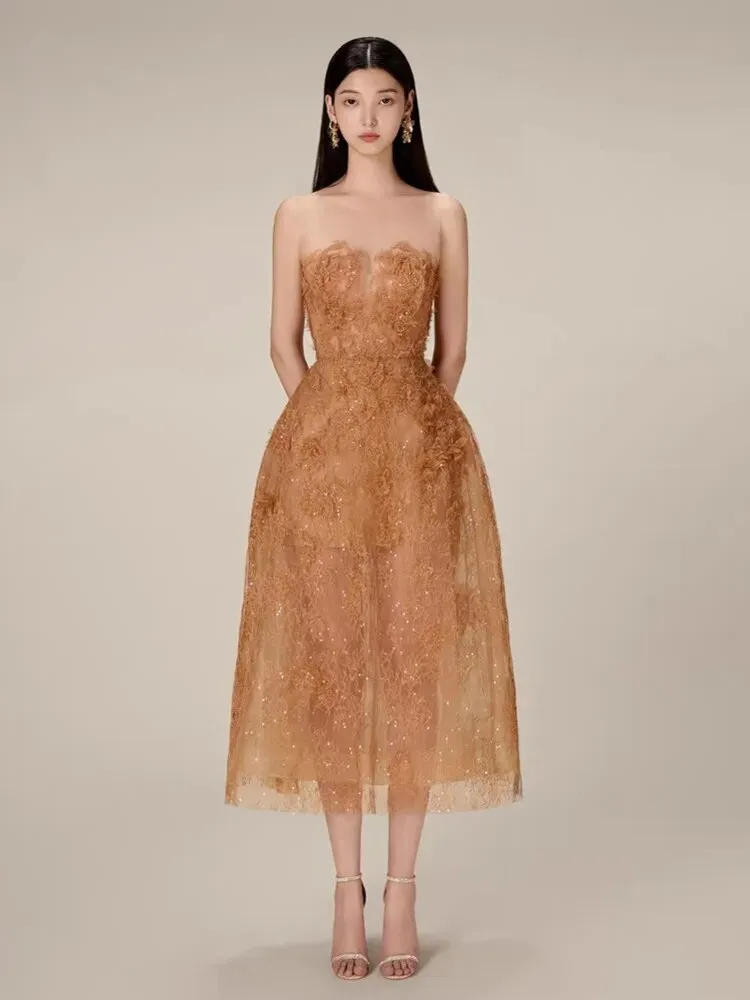 Khloe Fine Lace Sheer Sequin Ball Dress