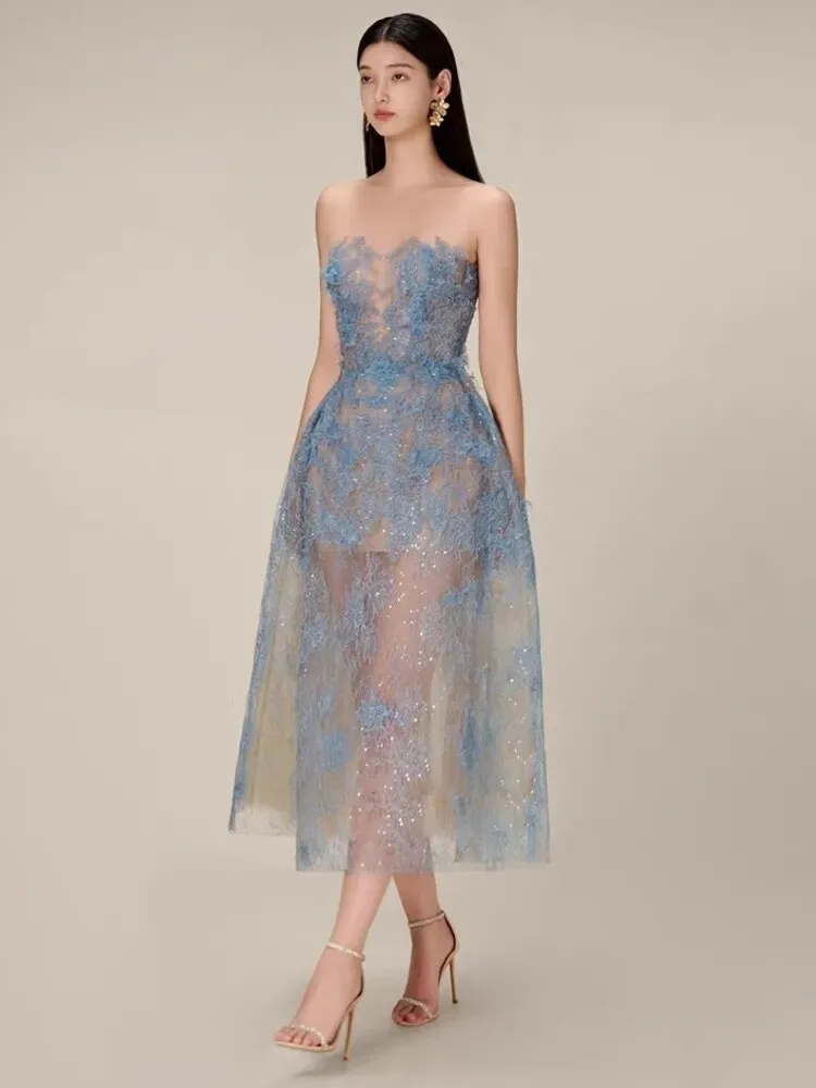 Khloe Fine Lace Sheer Sequin Ball Dress