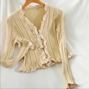 Lace cardigan thin sweater cropped style button cream long sleeve knit