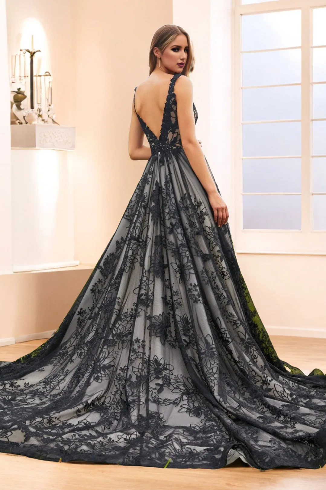 Lace Long Sleeve A Line V Neck Wedding Dress with Sweep Train