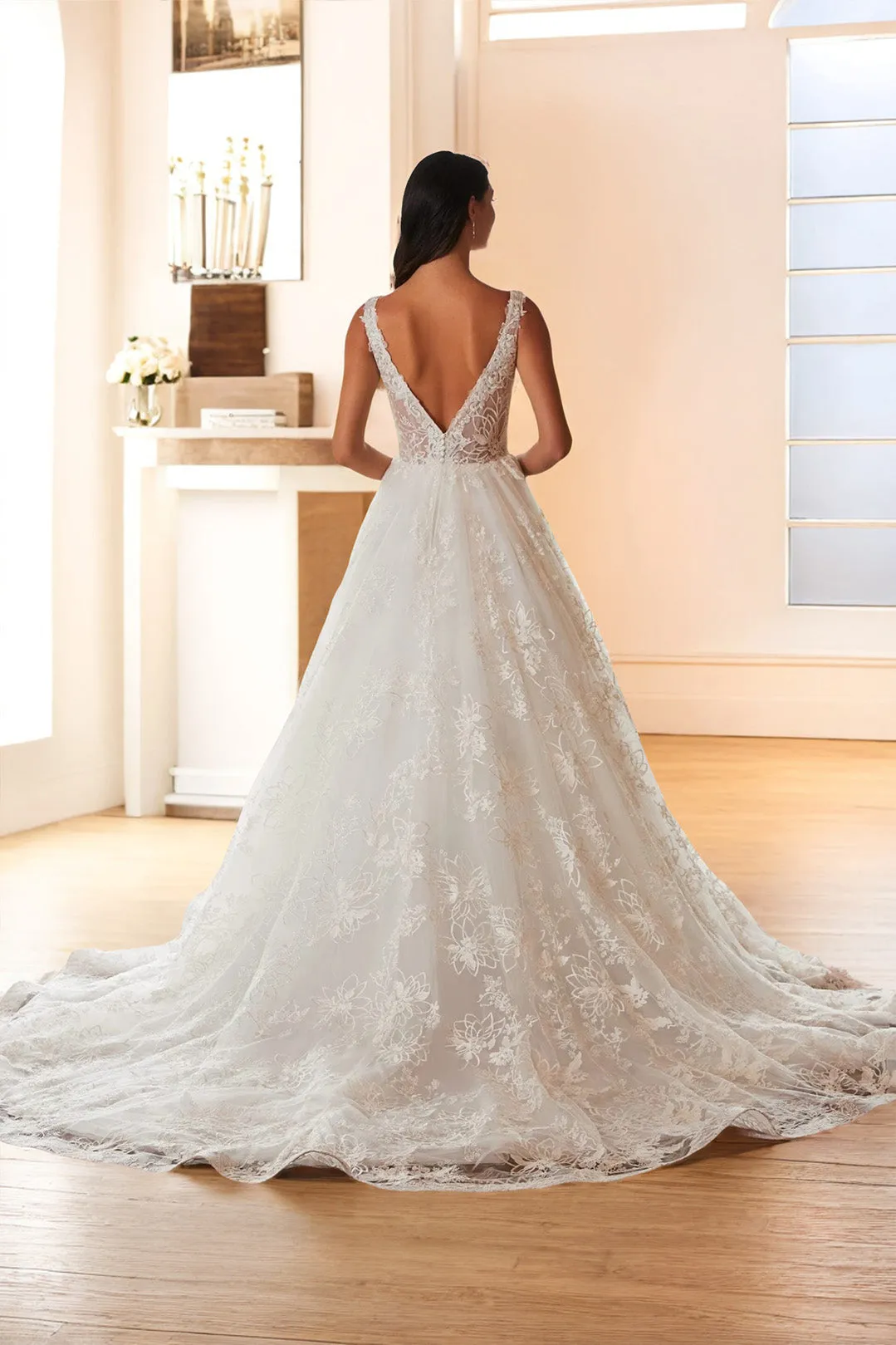 Lace Long Sleeve A Line V Neck Wedding Dress with Sweep Train