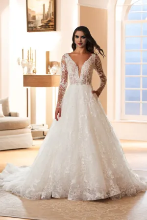 Lace Long Sleeve A Line V Neck Wedding Dress with Sweep Train