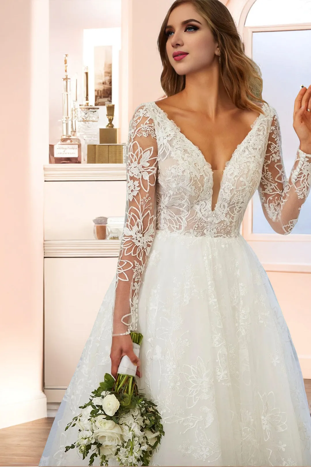 Lace Long Sleeve A Line V Neck Wedding Dress with Sweep Train