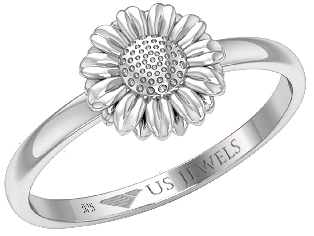 Ladies 925 Sterling Silver Floral Sunflower Ring