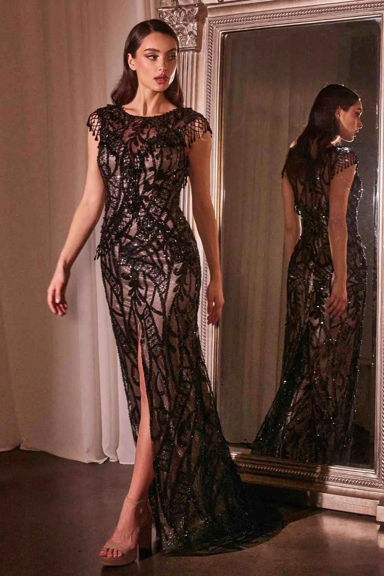 Ladivine CC4007 Long Black-Nude Sheath Cap Sleeve Sequin Gown