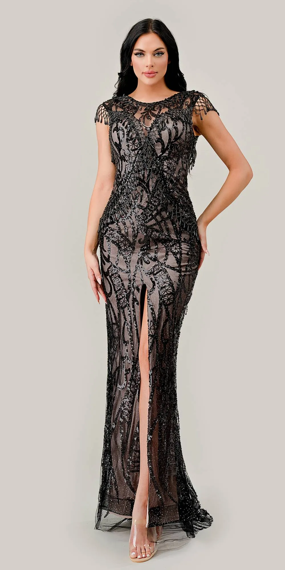 Ladivine CC4007 Long Black-Nude Sheath Cap Sleeve Sequin Gown