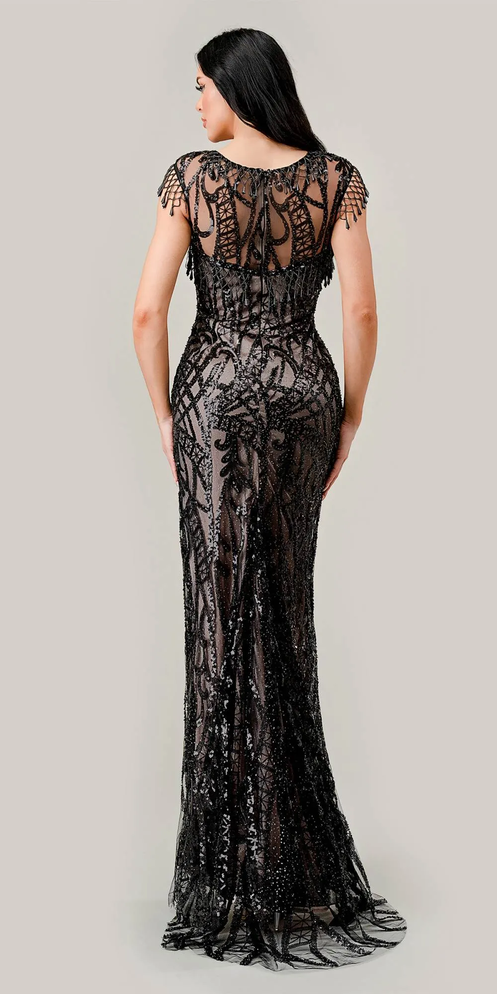 Ladivine CC4007 Long Black-Nude Sheath Cap Sleeve Sequin Gown