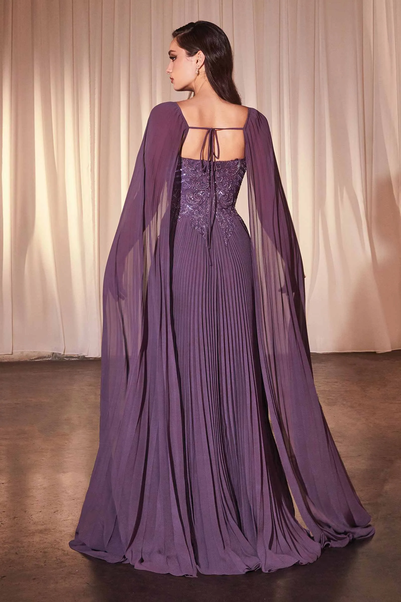 Ladivine CJ937 Pleated A-Line Gown With Cape Sleeves