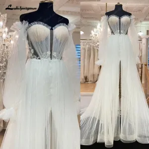 Lakshmigown Ivory Appliques Tulle Off The Shoulder A-Line Wedding Dresses Long Sleeves Sweetheart Bridal Gowns