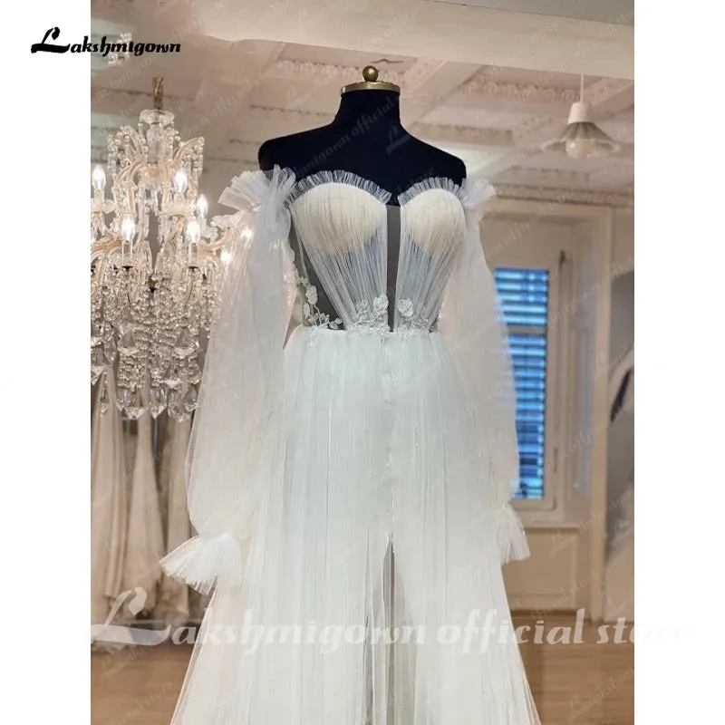 Lakshmigown Ivory Appliques Tulle Off The Shoulder A-Line Wedding Dresses Long Sleeves Sweetheart Bridal Gowns