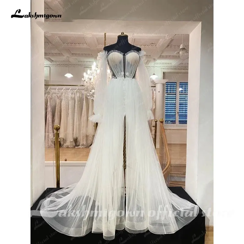 Lakshmigown Ivory Appliques Tulle Off The Shoulder A-Line Wedding Dresses Long Sleeves Sweetheart Bridal Gowns