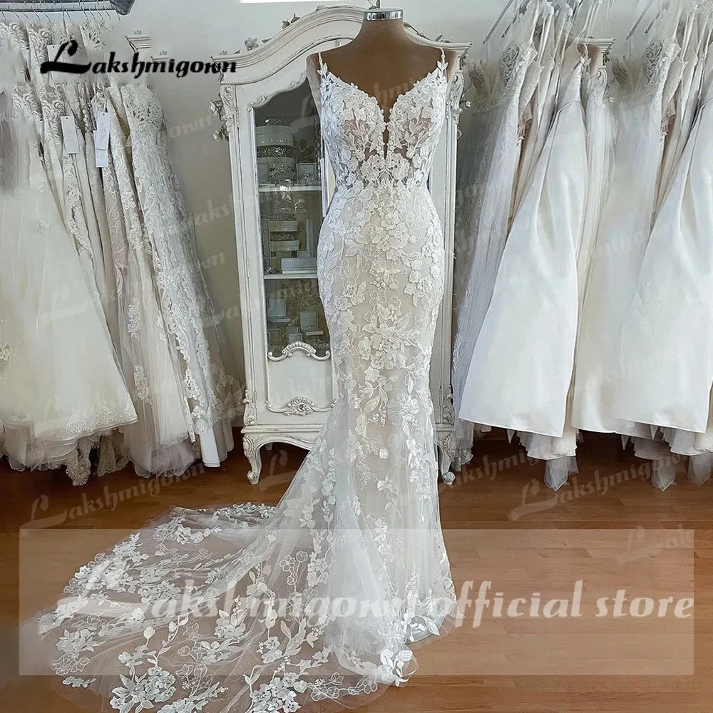 Lakshmigown Mermaid Lace Ivory Wedding Dress with Cape Spaghetti Straps Sleeveless Wedding Dresses Plus Size Long Bridal Gowns