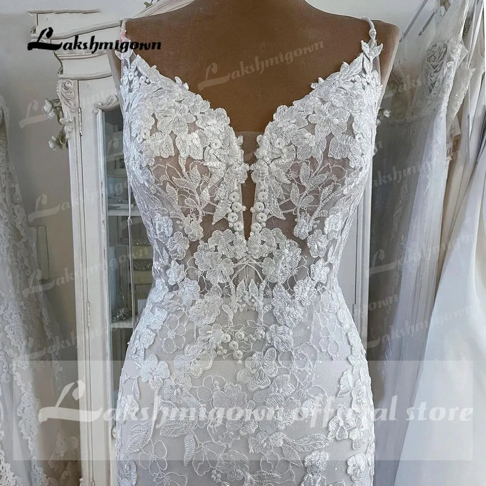 Lakshmigown Mermaid Lace Ivory Wedding Dress with Cape Spaghetti Straps Sleeveless Wedding Dresses Plus Size Long Bridal Gowns