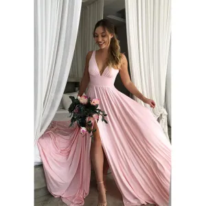 Long A-line Pink Soft V Neck Side Slit Modest Simple Bridesmaid Dresses, WG515