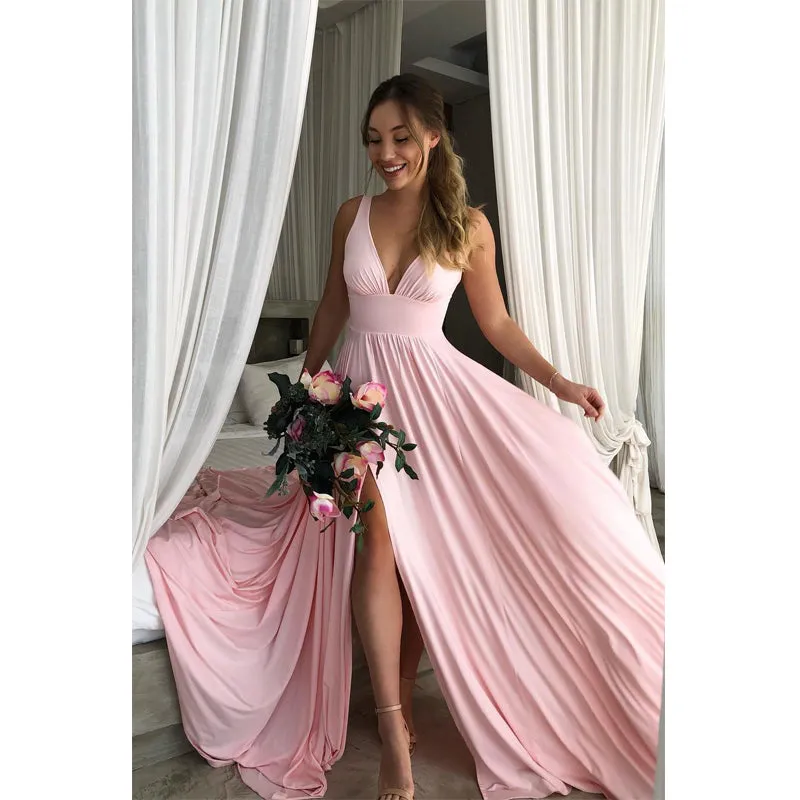 Long A-line Pink Soft V Neck Side Slit Modest Simple Bridesmaid Dresses, WG515