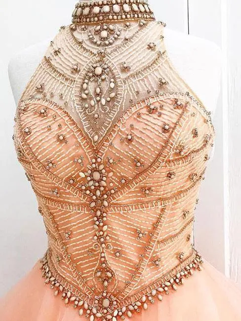 Long Ball Gown Halter High Neck Beaded Bodice Organza Quinceanera Prom Dresses, QB0273