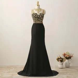 Long Black See Through Mermaid Gold Beaded Evening Prom Dress, Popular Sexy Party Prom Dresses, Custom Long Prom Dresses, Cheap Formal Prom Dresses, 17161