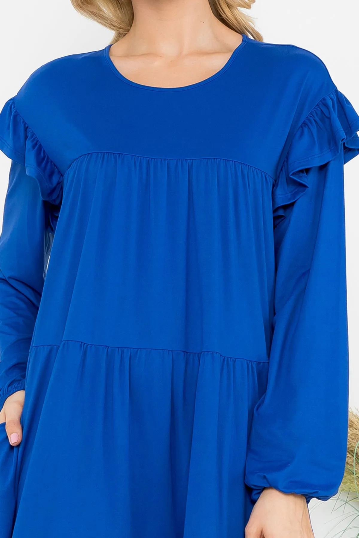 Long Sleeve Ruffle Detail Solid Dress