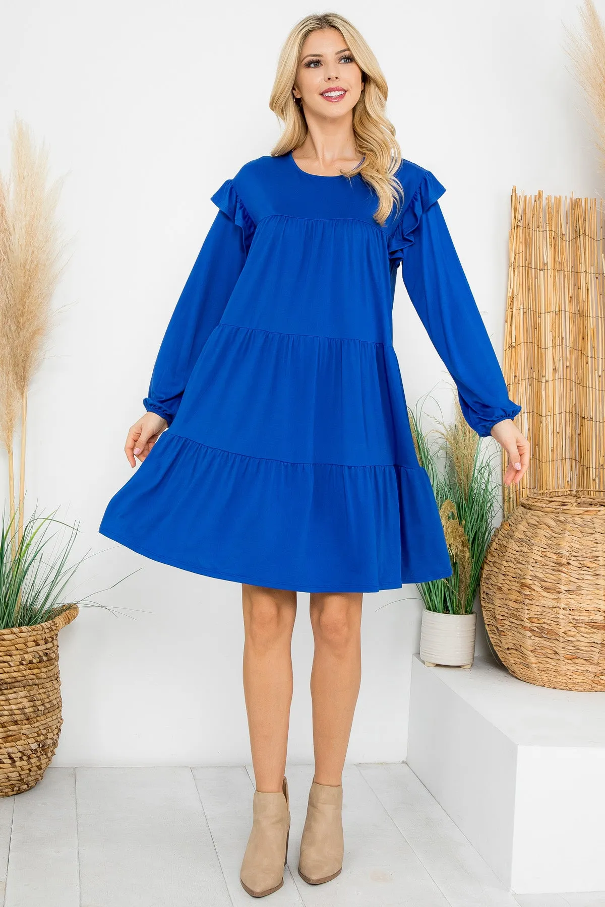 Long Sleeve Ruffle Detail Solid Dress