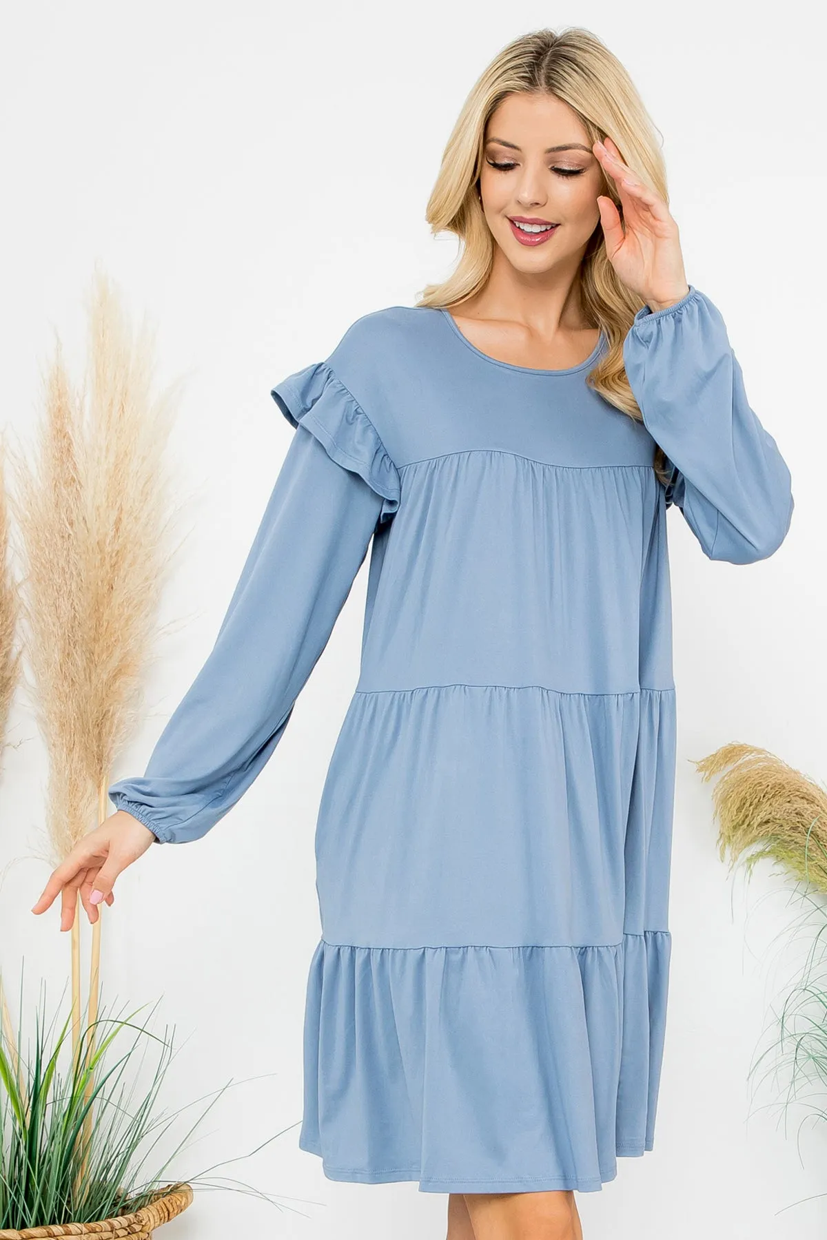 Long Sleeve Ruffle Detail Solid Dress