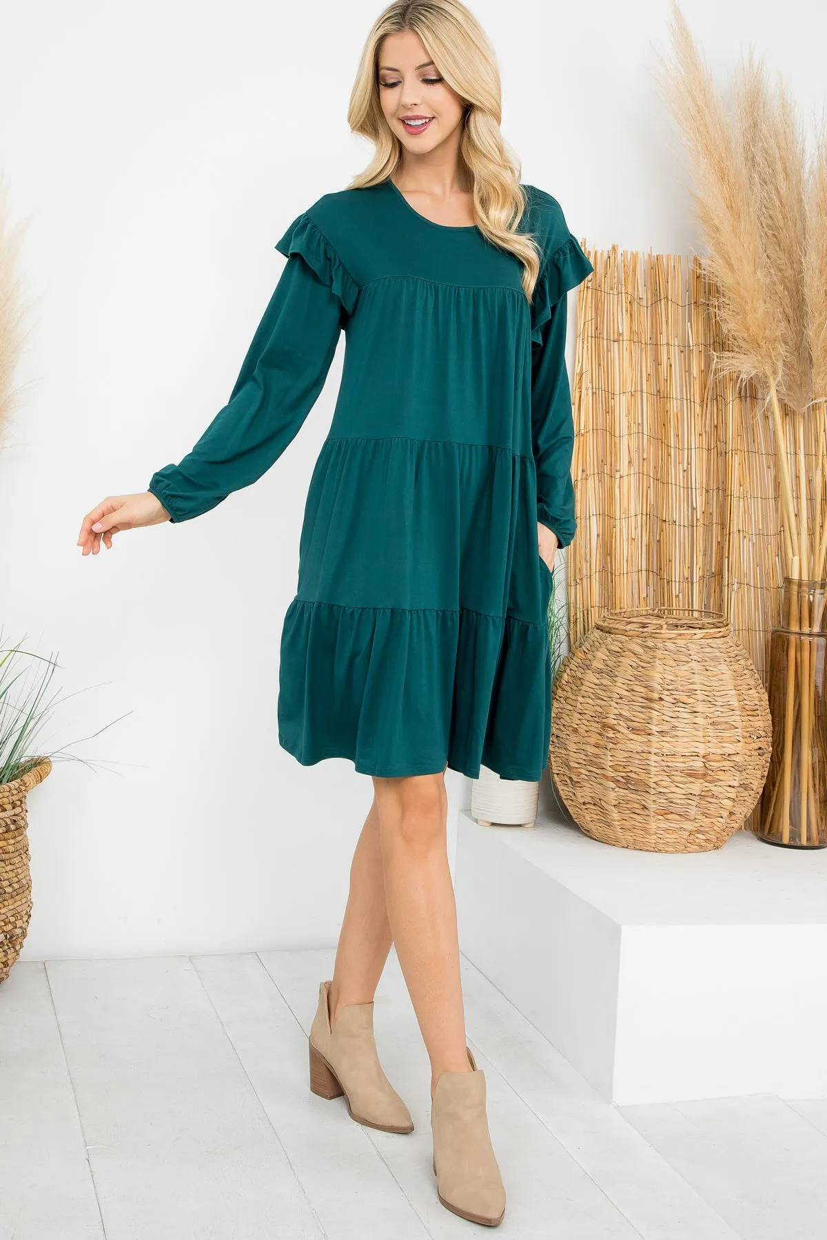Long Sleeve Ruffle Detail Solid Dress