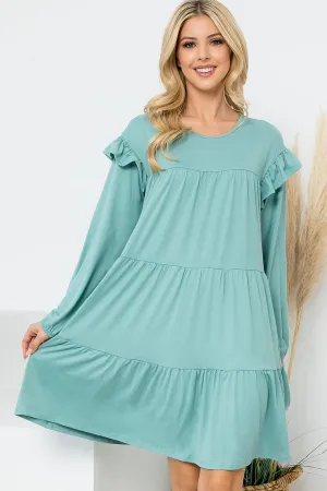 Long Sleeve Ruffle Detail Solid Dress