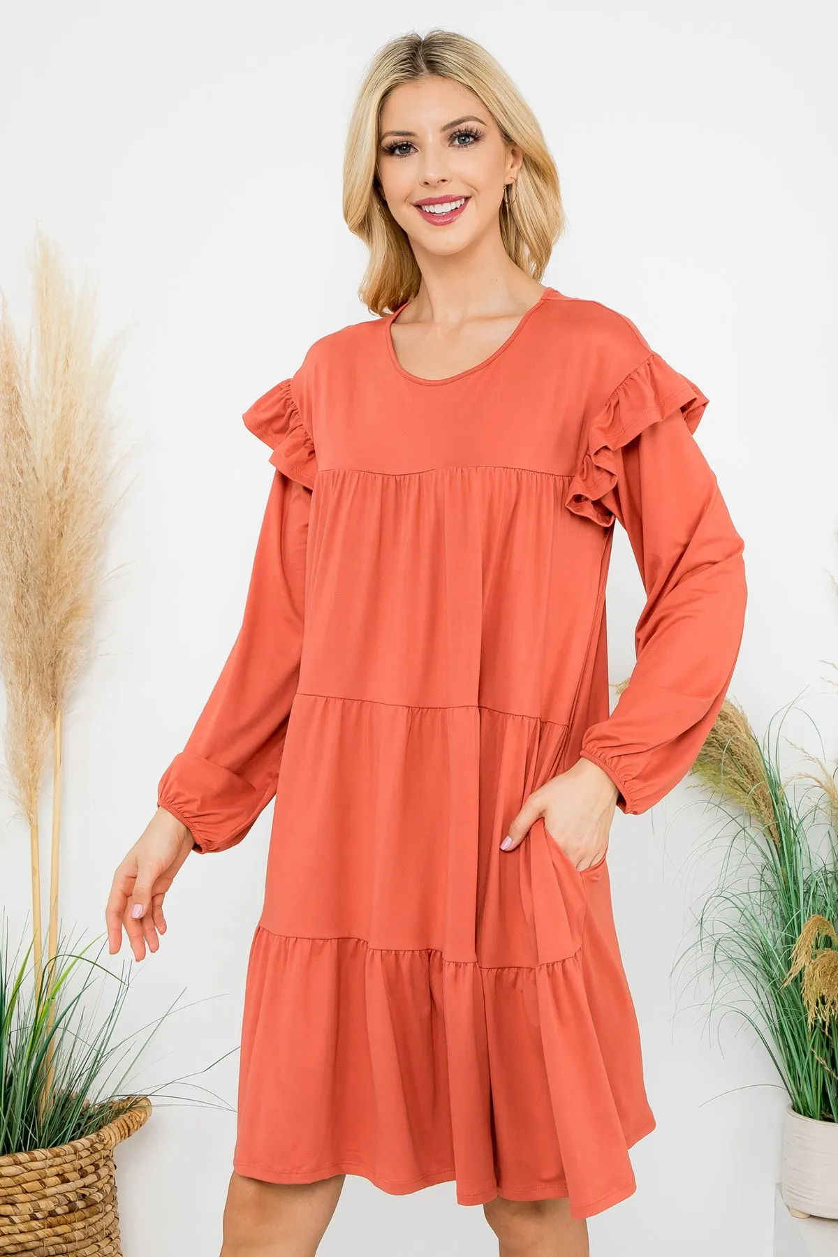 Long Sleeve Ruffle Detail Solid Dress