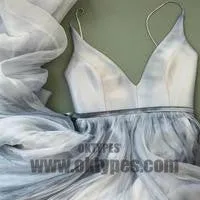 Long Spaghetti Straps Simple V-Neck Tulle cheap Pretty Party Prom Dresses ,Prom Dresses, TYP0325