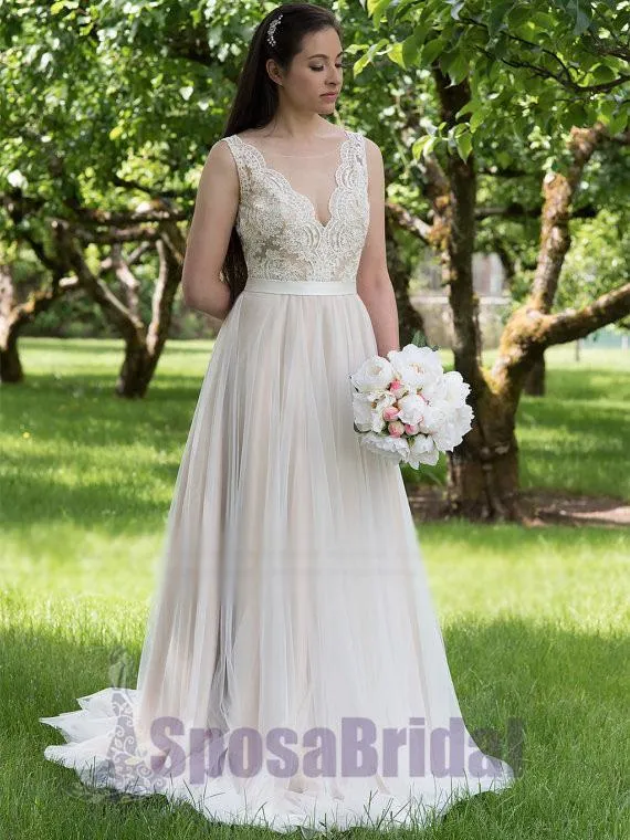 Long V Back Tulle and Lace A-line Simple Soft Affordable Wedding Dresses, beach wedding dresses,  PD0559