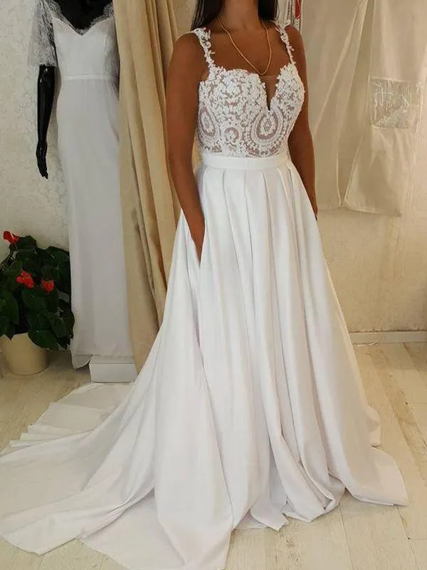 Low Back Spaghetti Straps Lace Bodice Beach Wedding Bridal Dresses, TYP0500