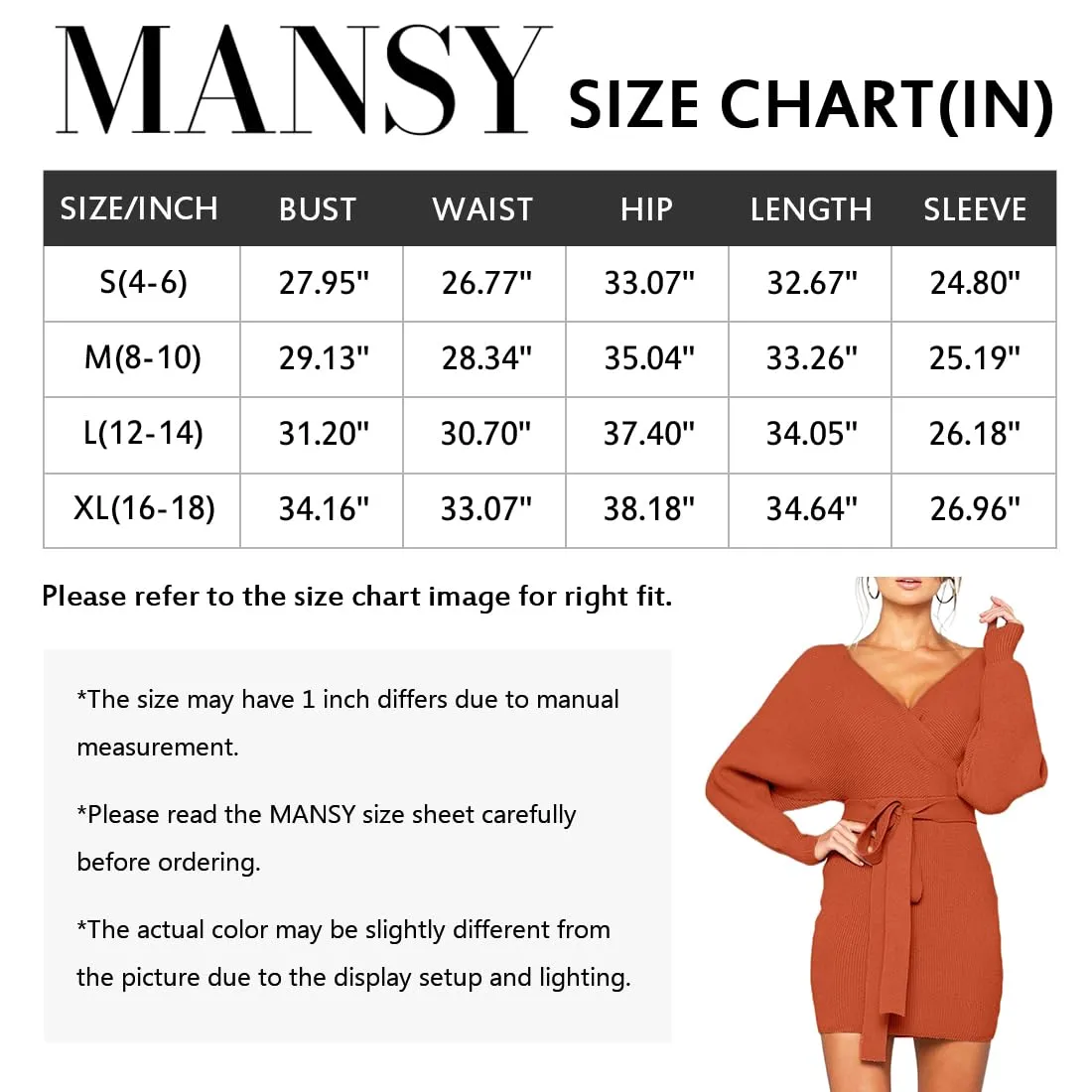 Mansy Women's Sexy Cocktail Batwing Long Sleeve Backless Mock Wrap Knit Sweater Mini Dress Orange