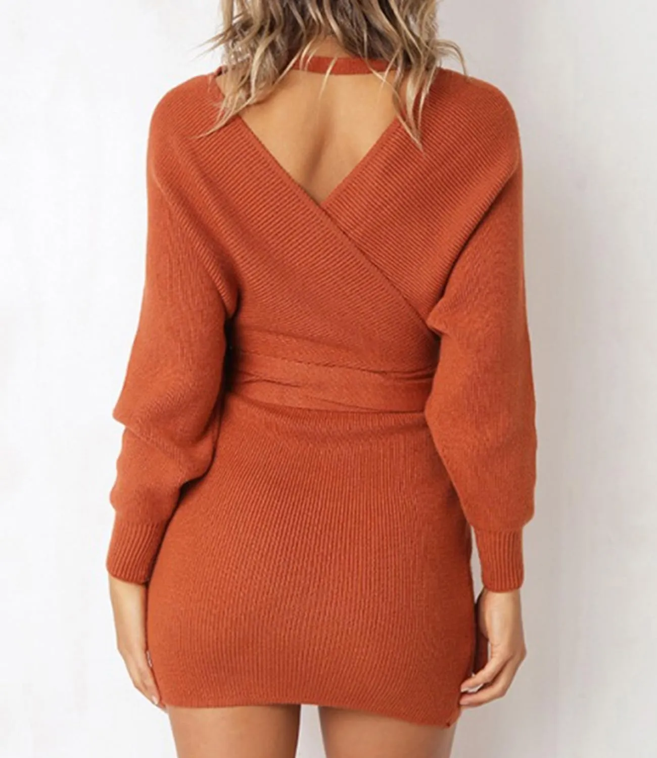 Mansy Women's Sexy Cocktail Batwing Long Sleeve Backless Mock Wrap Knit Sweater Mini Dress Orange