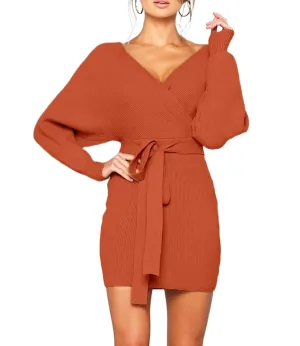 Mansy Women's Sexy Cocktail Batwing Long Sleeve Backless Mock Wrap Knit Sweater Mini Dress Orange