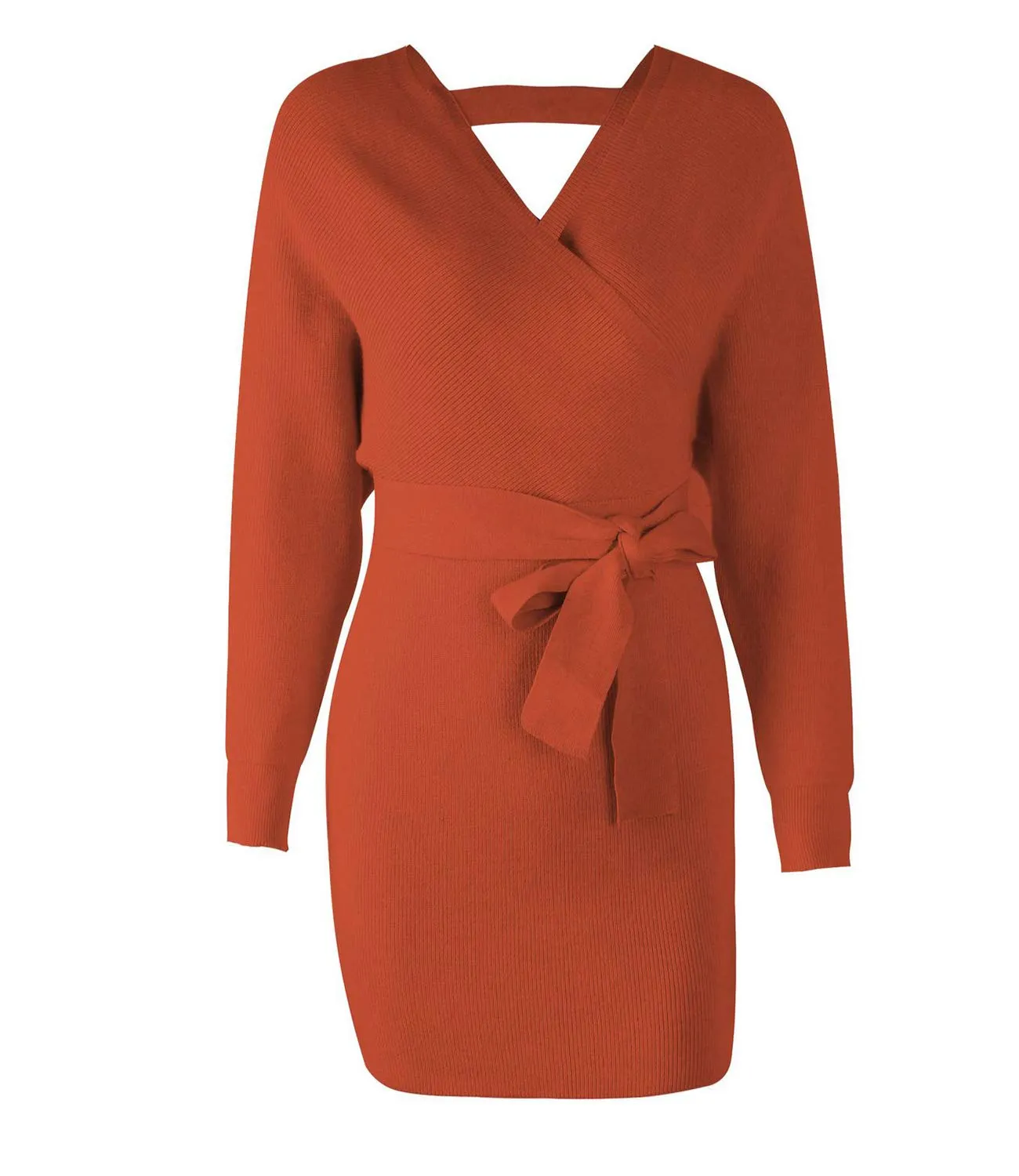 Mansy Women's Sexy Cocktail Batwing Long Sleeve Backless Mock Wrap Knit Sweater Mini Dress Orange