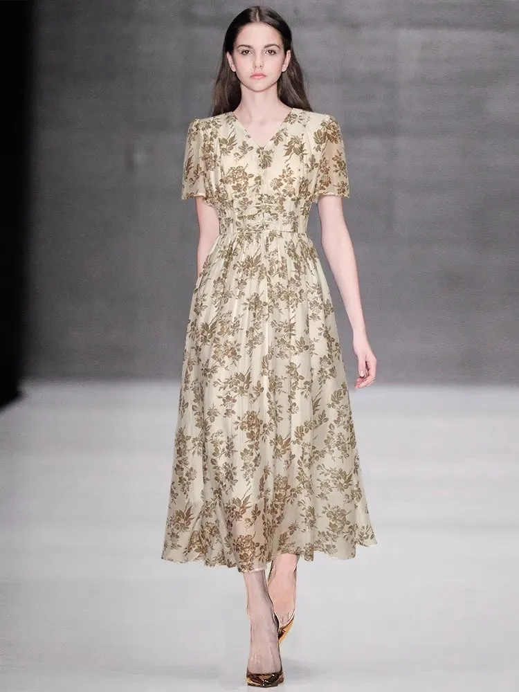 Mariela  V-Neck Short Sleeve Beading Disc Buckle Flower Print Vintage Long Dress